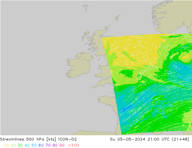 Rüzgar 500 hPa ICON-D2 Paz 05.05.2024 21 UTC