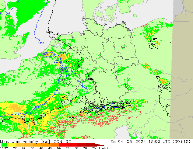 Max. wind velocity ICON-D2 So 04.05.2024 15 UTC