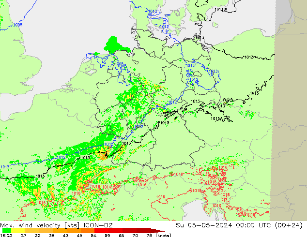 Max. wind velocity ICON-D2 Su 05.05.2024 00 UTC