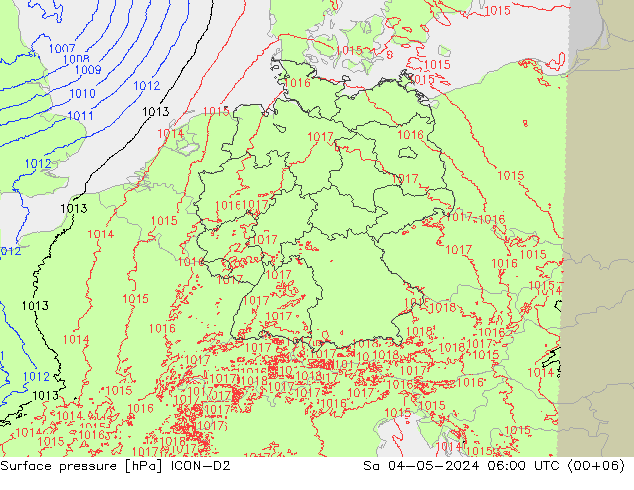 地面气压 ICON-D2 星期六 04.05.2024 06 UTC