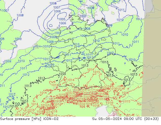 Surface pressure ICON-D2 Su 05.05.2024 09 UTC