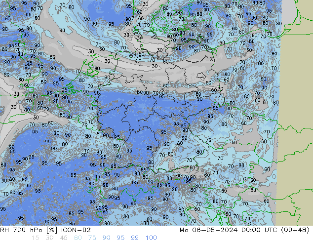 Humidité rel. 700 hPa ICON-D2 lun 06.05.2024 00 UTC