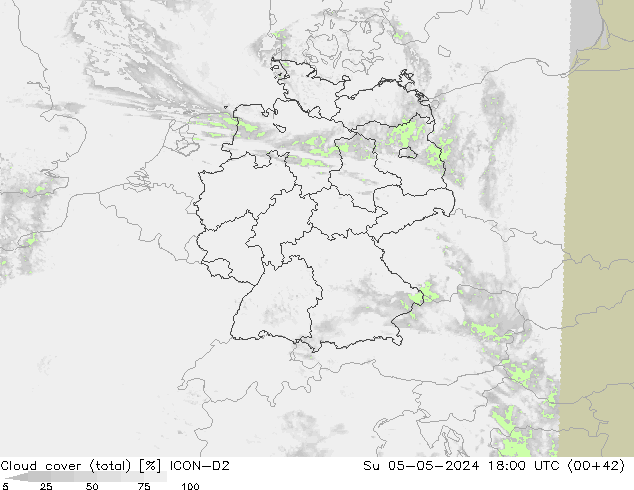 Cloud cover (total) ICON-D2 Su 05.05.2024 18 UTC