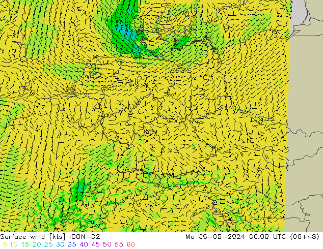 Wind 10 m ICON-D2 ma 06.05.2024 00 UTC