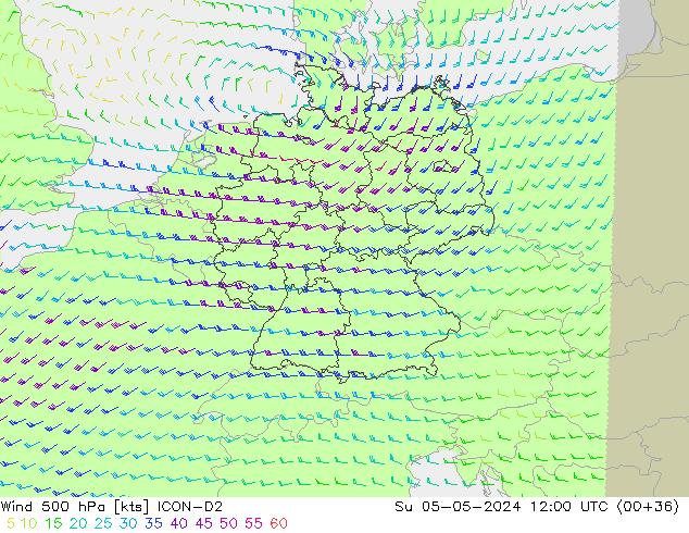 Rüzgar 500 hPa ICON-D2 Paz 05.05.2024 12 UTC