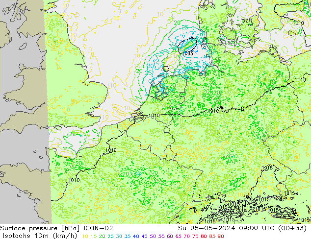 Isotaca (kph) ICON-D2 dom 05.05.2024 09 UTC