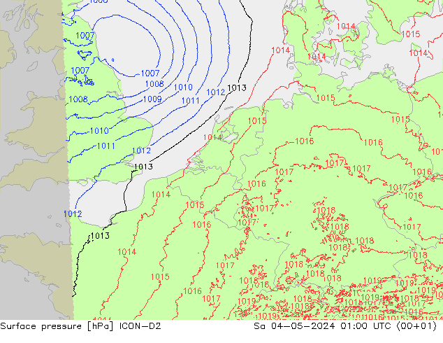pressão do solo ICON-D2 Sáb 04.05.2024 01 UTC