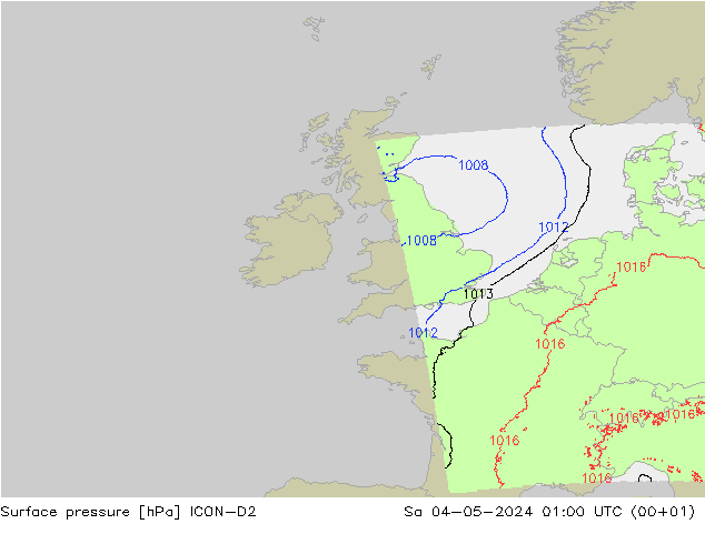 Pressione al suolo ICON-D2 sab 04.05.2024 01 UTC