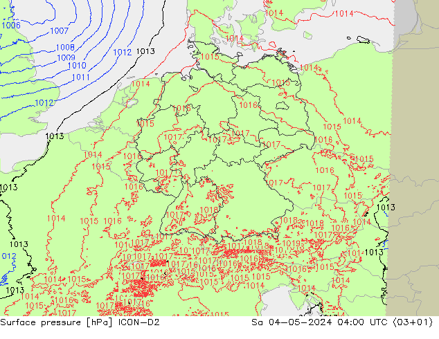 地面气压 ICON-D2 星期六 04.05.2024 04 UTC