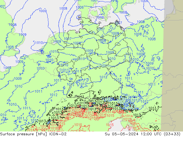 Atmosférický tlak ICON-D2 Ne 05.05.2024 12 UTC