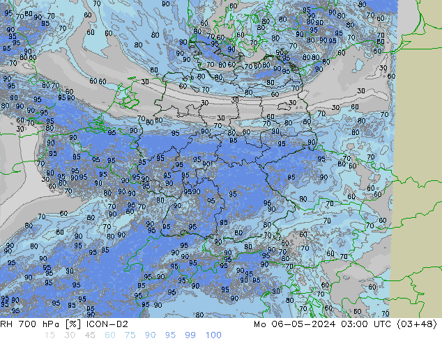 RH 700 гПа ICON-D2 пн 06.05.2024 03 UTC