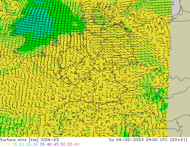 风 10 米 ICON-D2 星期六 04.05.2024 04 UTC