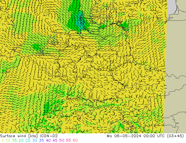 wiatr 10 m ICON-D2 pon. 06.05.2024 00 UTC