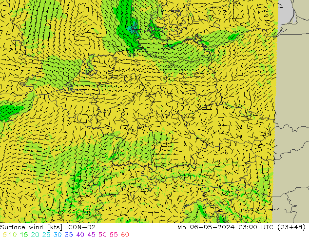 Vent 10 m ICON-D2 lun 06.05.2024 03 UTC