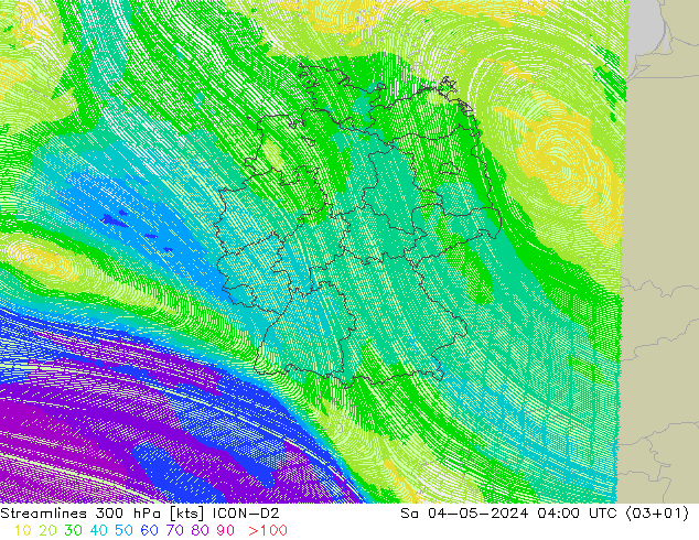 ветер 300 гПа ICON-D2 сб 04.05.2024 04 UTC