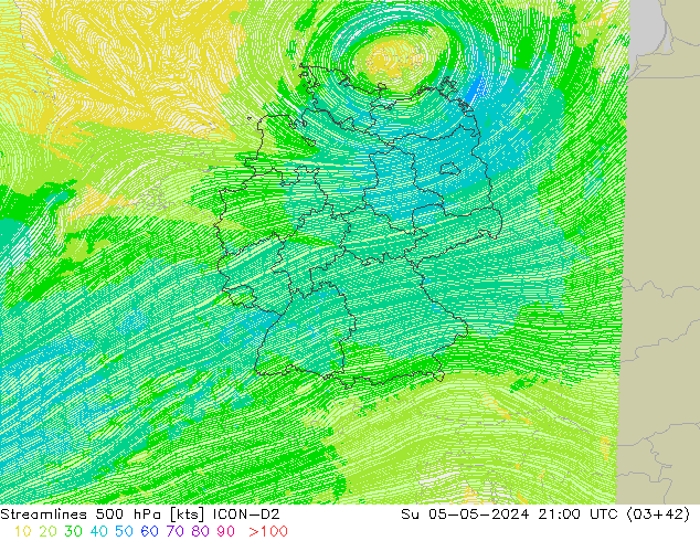 Streamlines 500 hPa ICON-D2 Su 05.05.2024 21 UTC