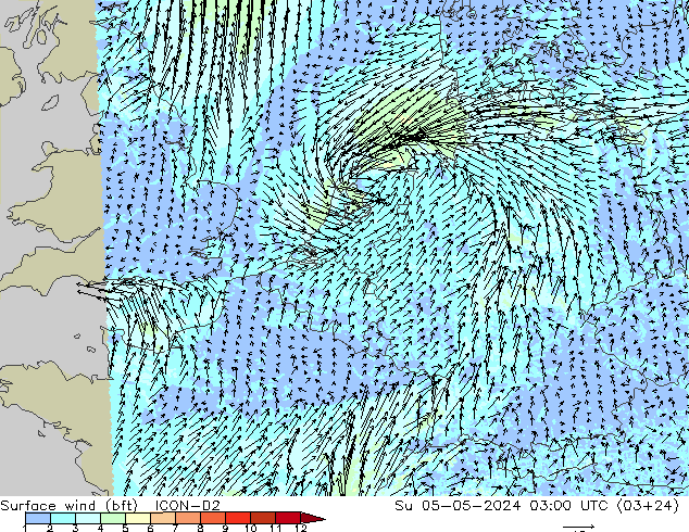 Wind 10 m (bft) ICON-D2 zo 05.05.2024 03 UTC