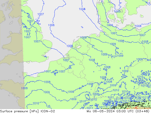 Atmosférický tlak ICON-D2 Po 06.05.2024 03 UTC