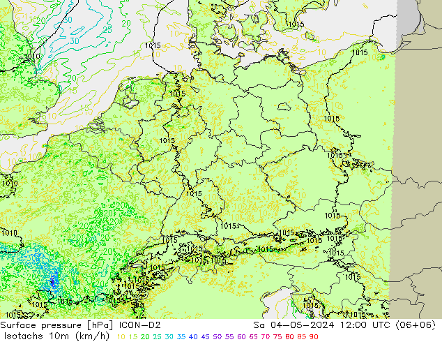 10米等风速线 (kph) ICON-D2 星期六 04.05.2024 12 UTC