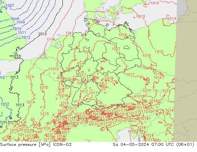 地面气压 ICON-D2 星期六 04.05.2024 07 UTC