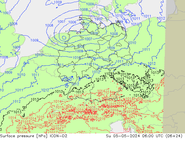 Presión superficial ICON-D2 dom 05.05.2024 06 UTC