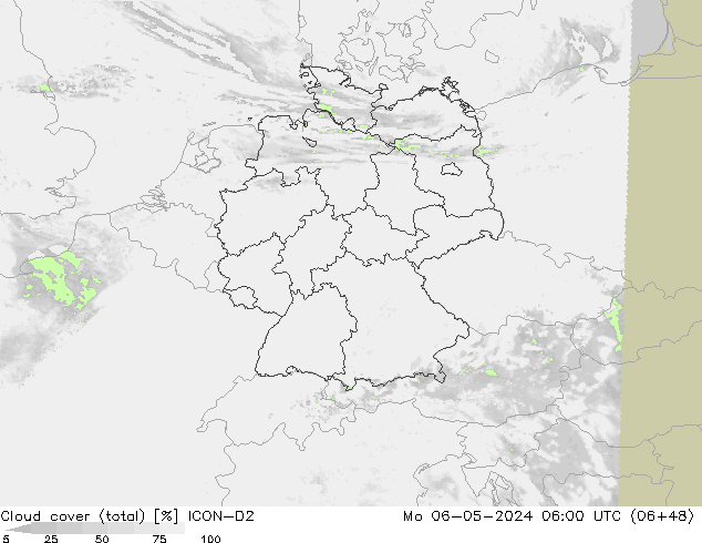 nuvens (total) ICON-D2 Seg 06.05.2024 06 UTC