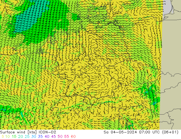 Surface wind ICON-D2 Sa 04.05.2024 07 UTC