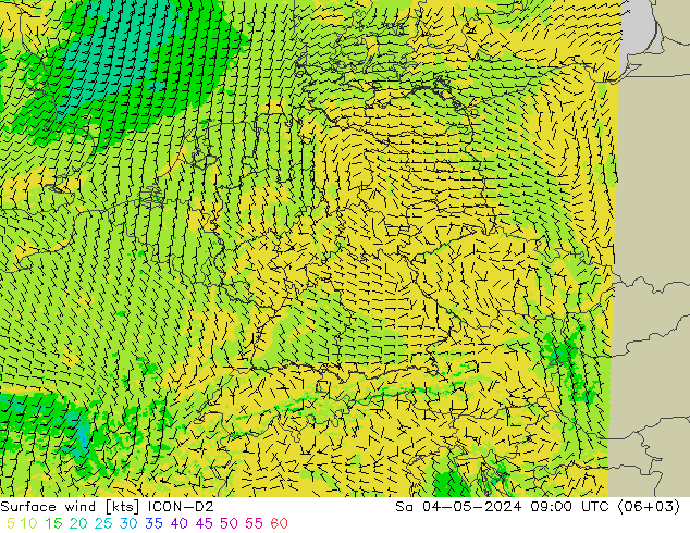 Surface wind ICON-D2 Sa 04.05.2024 09 UTC