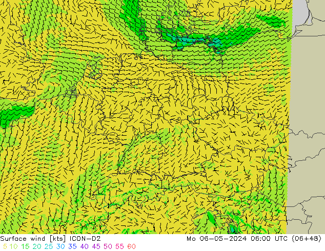 Surface wind ICON-D2 Mo 06.05.2024 06 UTC