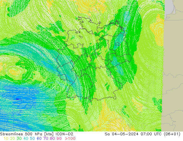 Línea de corriente 500 hPa ICON-D2 sáb 04.05.2024 07 UTC