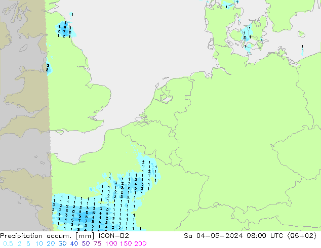 Precipitation accum. ICON-D2 Sa 04.05.2024 08 UTC
