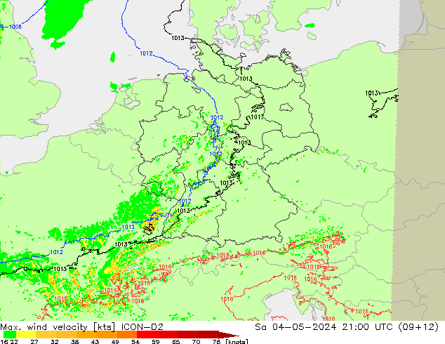 Max. wind velocity ICON-D2 Sáb 04.05.2024 21 UTC