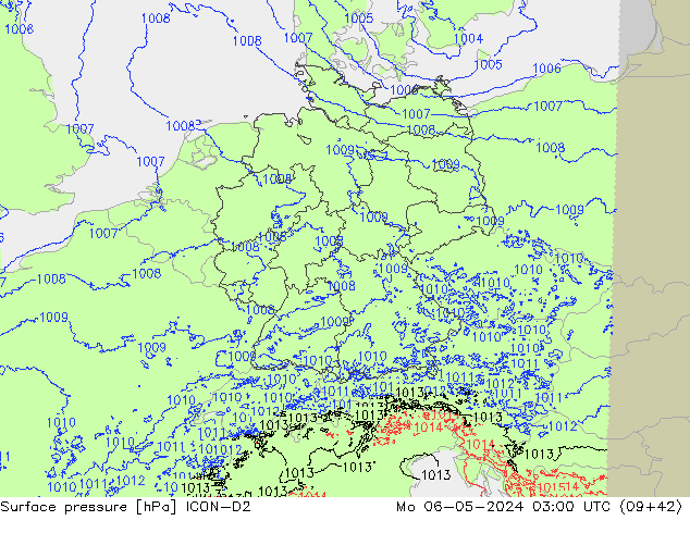 Atmosférický tlak ICON-D2 Po 06.05.2024 03 UTC