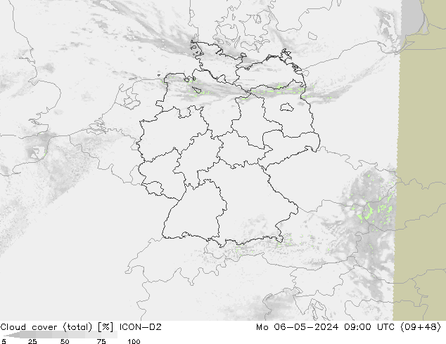 nuvens (total) ICON-D2 Seg 06.05.2024 09 UTC