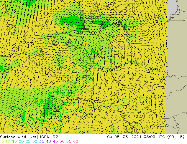 Rüzgar 10 m ICON-D2 Paz 05.05.2024 03 UTC