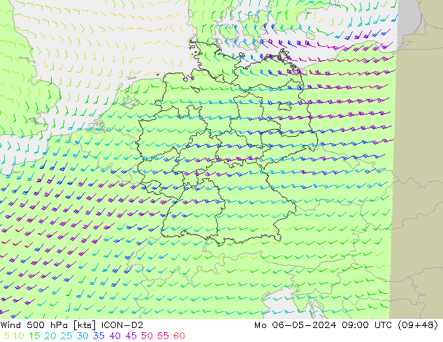 ветер 500 гПа ICON-D2 пн 06.05.2024 09 UTC