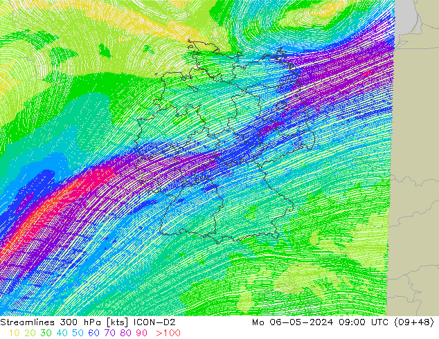 Stroomlijn 300 hPa ICON-D2 ma 06.05.2024 09 UTC