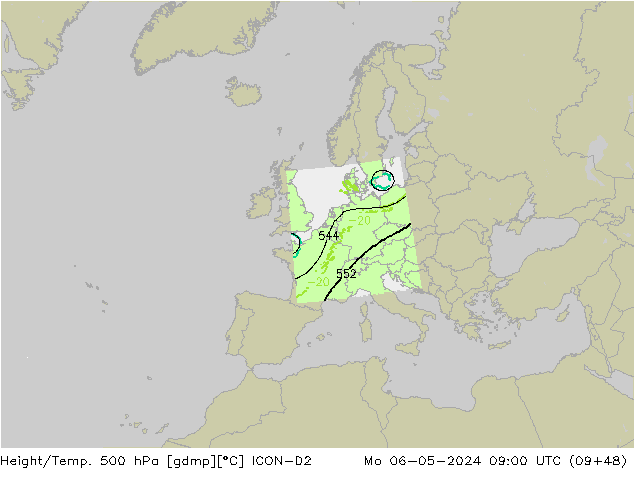 Height/Temp. 500 hPa ICON-D2 Mo 06.05.2024 09 UTC