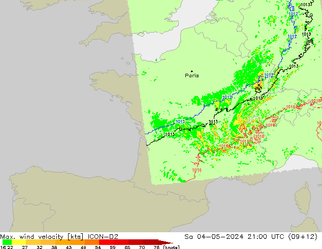 Max. wind velocity ICON-D2 Sáb 04.05.2024 21 UTC