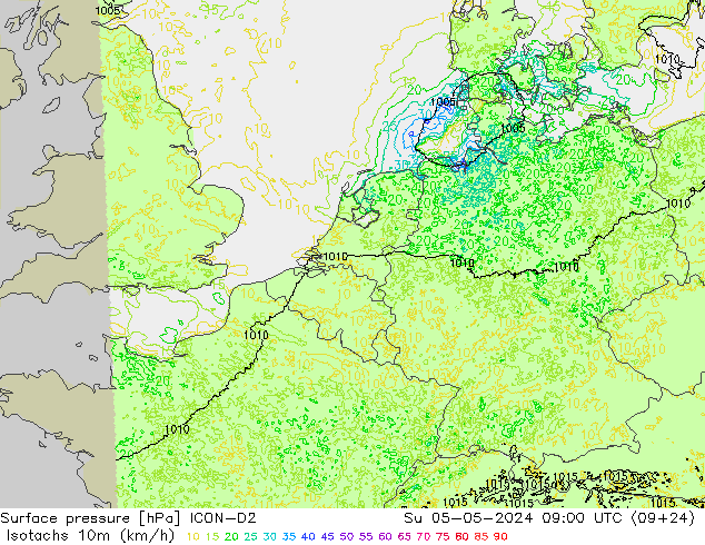 Isotachs (kph) ICON-D2 Su 05.05.2024 09 UTC