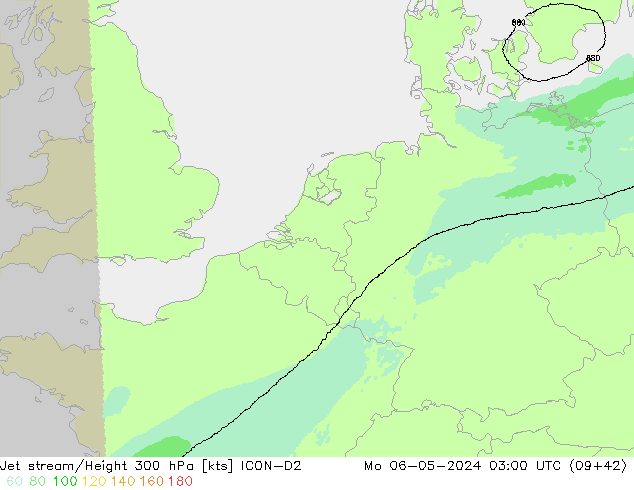 Jet stream/Height 300 hPa ICON-D2 Mo 06.05.2024 03 UTC