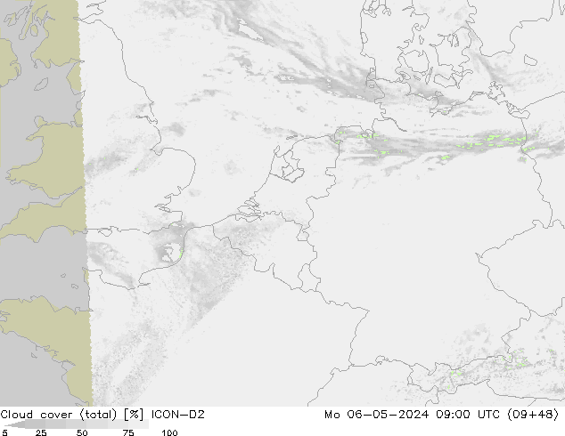 Cloud cover (total) ICON-D2 Mo 06.05.2024 09 UTC