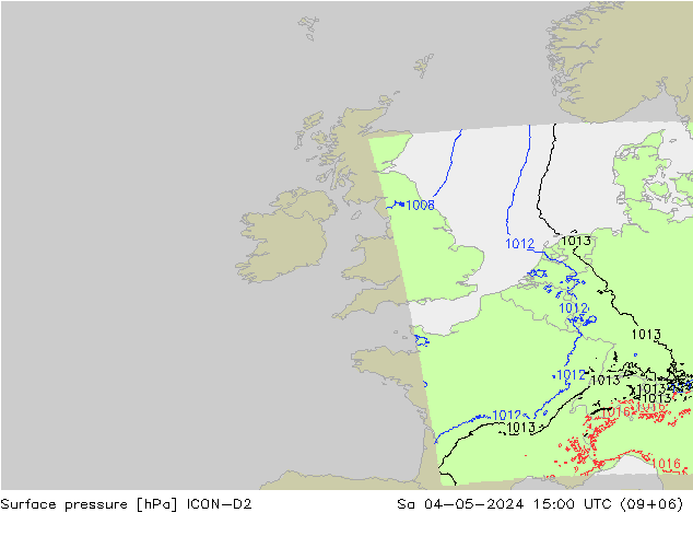 Presión superficial ICON-D2 sáb 04.05.2024 15 UTC