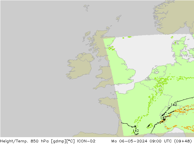 Height/Temp. 850 hPa ICON-D2 Mo 06.05.2024 09 UTC