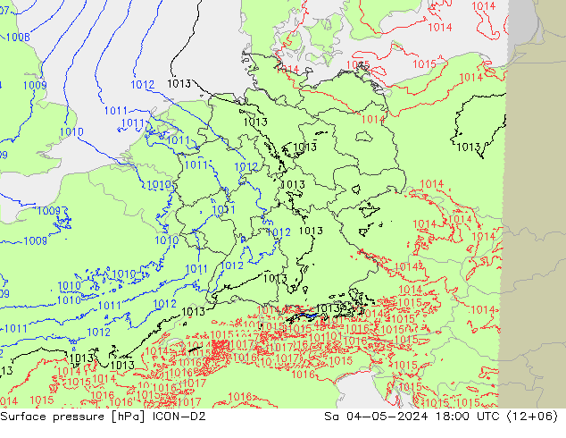 地面气压 ICON-D2 星期六 04.05.2024 18 UTC