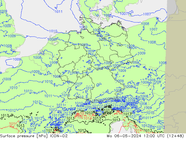 Presión superficial ICON-D2 lun 06.05.2024 12 UTC