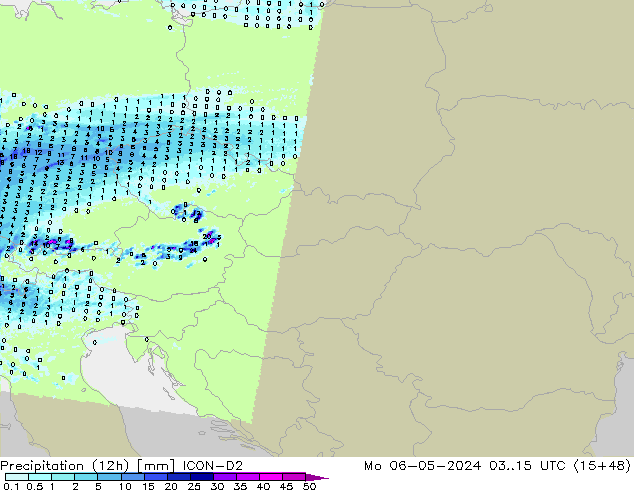 Precipitation (12h) ICON-D2 Po 06.05.2024 15 UTC