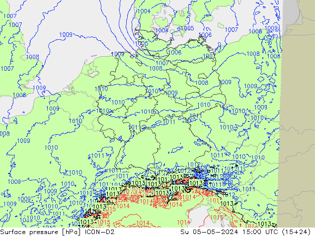 Pressione al suolo ICON-D2 dom 05.05.2024 15 UTC