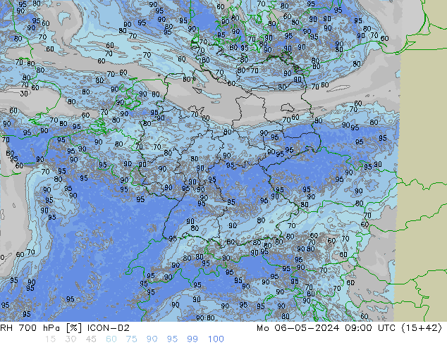 RH 700 hPa ICON-D2 pon. 06.05.2024 09 UTC