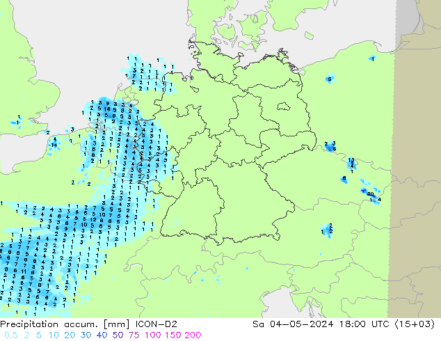 Precipitation accum. ICON-D2 сб 04.05.2024 18 UTC